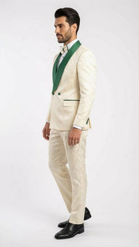 Men's Ivory and Emerald Green Jacquard Tuxedo Suit + Bowtie – 3-Piece Formal Wedding, Prom, and Gala Outfit