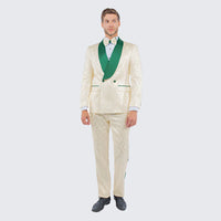 Men's Ivory and Emerald Green Jacquard Tuxedo Suit + Bowtie – 3-Piece Formal Wedding, Prom, and Gala Outfit