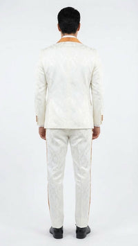 Men's Ivory and Gold Jacquard Tuxedo Suit + Bowtie – Formal Wedding, Prom, and Gala Outfit in Cream Off White color