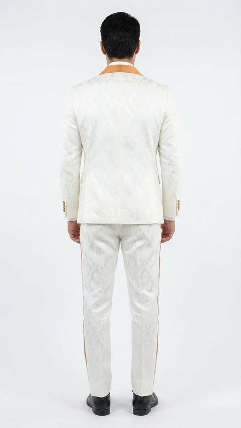 Men's Ivory and Gold Jacquard Tuxedo Suit + Bowtie – Formal Wedding, Prom, and Gala Outfit in Cream Off White color