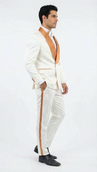 Men's Ivory and Gold Jacquard Tuxedo Suit + Bowtie – Formal Wedding, Prom, and Gala Outfit in Cream Off White color