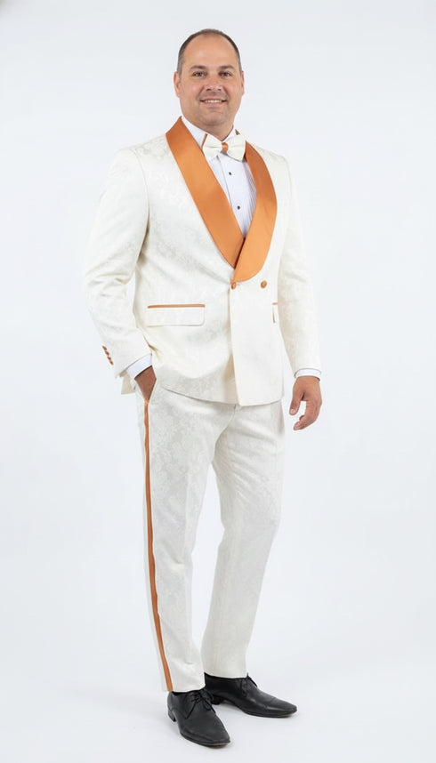 Men's Ivory and Gold Jacquard Tuxedo Suit + Bowtie – Formal Wedding, Prom, and Gala Outfit in Cream Off White color