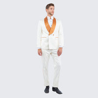 Men's Ivory and Gold Jacquard Tuxedo Suit + Bowtie – Formal Wedding, Prom, and Gala Outfit in Cream Off White color