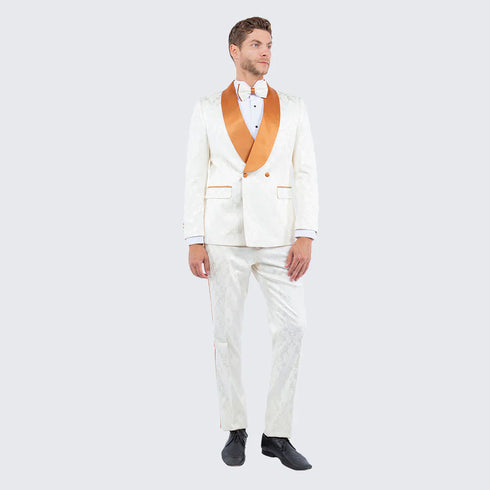 Men's Ivory and Gold Jacquard Tuxedo Suit + Bowtie – Formal Wedding, Prom, and Gala Outfit in Cream Off White color