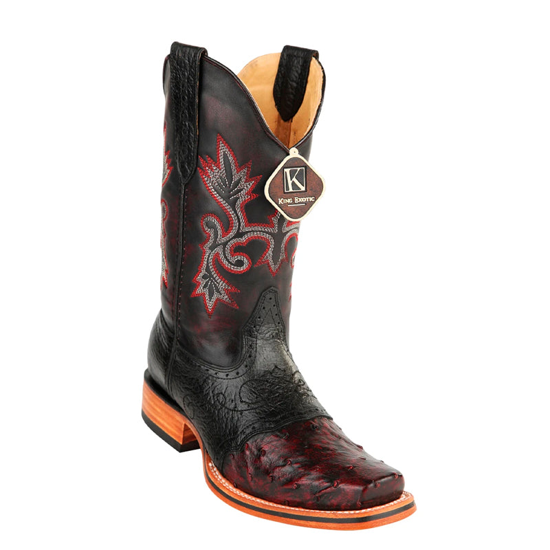 Men's King Exotic Square Toe Ostrich Boots Rubber Sole & Saddle Black (48230305)