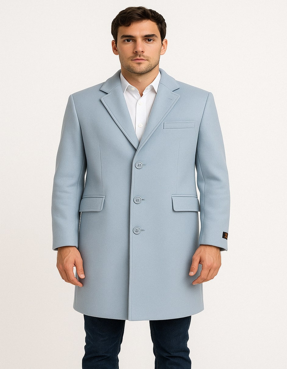 Men's Light Blue Wool Overcoat – Classic Single-Breasted Long Coat