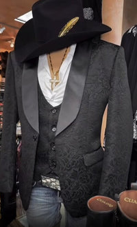 Mens Black Paisley Jacquard Blazer with Satin Shawl Lapel – Western Formal Designer Jacket