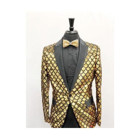 Mens Peak Lapel Slim Fit Gold ~ Black Sequin Shiny Flashy