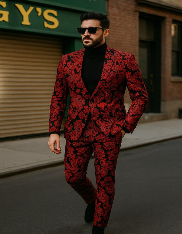 Men’s Red and Black Floral Tuxedo Suit – Slim Fit 2 Piece Embroidered Outfit for Weddings, Prom, and Formal Events