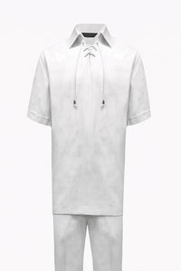 Men’s White Lace-Up Shirt and Pants Set – Casual Summer Two-Piece Outfit