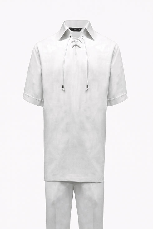 Men’s White Lace-Up Shirt and Pants Set – Casual Summer Two-Piece Outfit