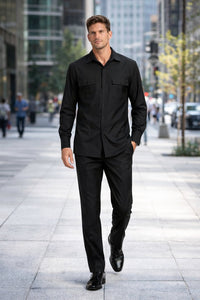 Mens Luxury Black Wool Two-Piece Leisure Walking Suit