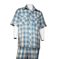 Men's 2 piece Sets Casual Leisure suit in blue and orange plaid