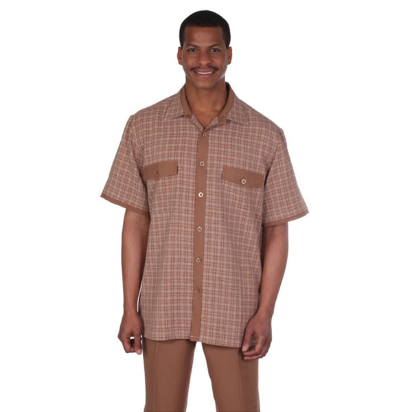 Men's 2 piece Sets mini Plaid Walking suit in brown