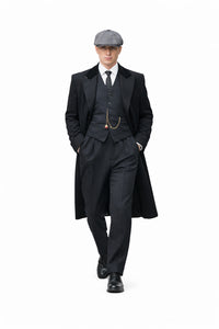 Men's Black Collar Viscose Lining Peaky Blinders Suit - Peaky Blinders Outfit + Overcoat + Hat (Peaky Blinder Custome)