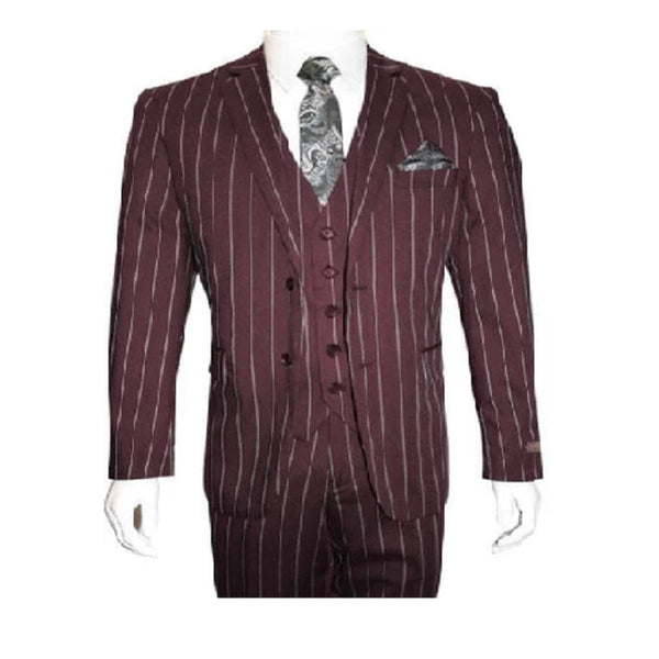 Men's Bold Gangster 1920s Burgundy Suit Vintage Dark Burgundy ~ White Gangster Bold Stripe