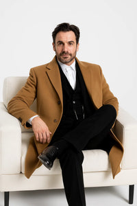 Men’s Camel Overcoat – Classic Single Breasted Wool Long Coat with Peak Lapel