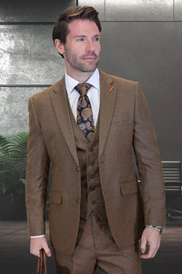 Men’s Copper Brown Micro Plaid Wool Suit – Designer Vintage Style with Vest
