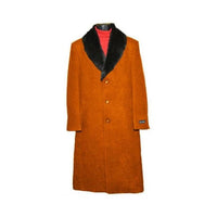 Men's Fur Collar Rust 3 Button Single Breasted Wool Full Length Overcoat