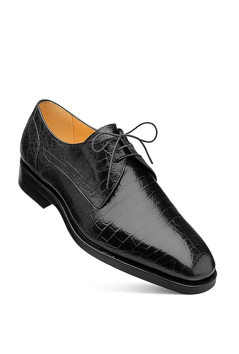 Men's Genuine Alligator Black  Derby Lace-Up Shoes By Mezlan Made In Spain Brand
