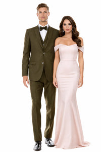 Men’s Olive Green Vintage Tweed Wedding Suit – Two Button Jacket with Vest