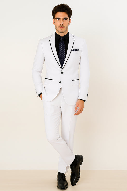 All White Mens Tuxedo -  Wedding Suit - Mens Two Button Slim Fit Vested Prom Tuxedo Suit With Trim In White