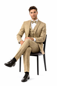 Men’s Two Button Vested Vintage Style Tweed Wedding Suit in Beige
