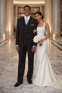 Men’s Vintage Vested Gangster Pinstripe Suit – Black & White 3-Piece Classic Fit