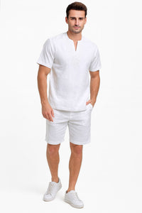 Men’s White Embroidered Short Set – Casual Summer Outfit with V-Neck Shirt and Matching Shorts