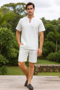 Men’s White Embroidered Short Set – Casual Summer Outfit with V-Neck Shirt and Matching Shorts