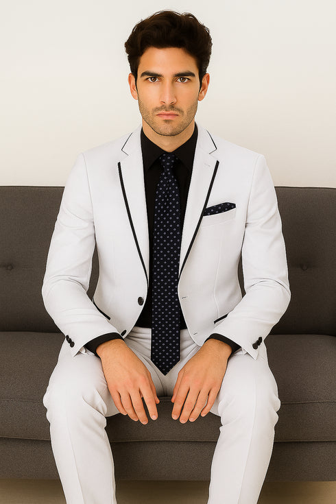 All White Mens Tuxedo -  Wedding Suit - Mens Two Button Slim Fit Vested Prom Tuxedo Suit With Trim In White