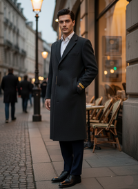 Mens Full Length Wool and Cashmere Overcoat - Winter Topcoats - Black Coat