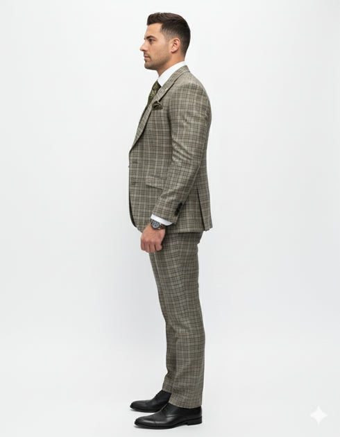 Statement Suits - Wool Suits - Peak Lapel Suits - Ticket Pocket - Modern Fit - Olive Suit