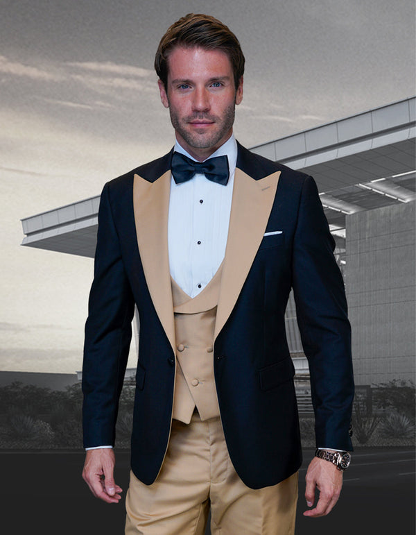 Mens Wool Vested Wide Contrast Peak Wedding Gold Tuxedo