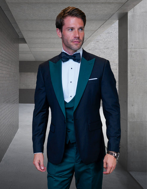 Mens Wool Vested Wide Contrast Peak Wedding Black and Hunter Green Tuxedo