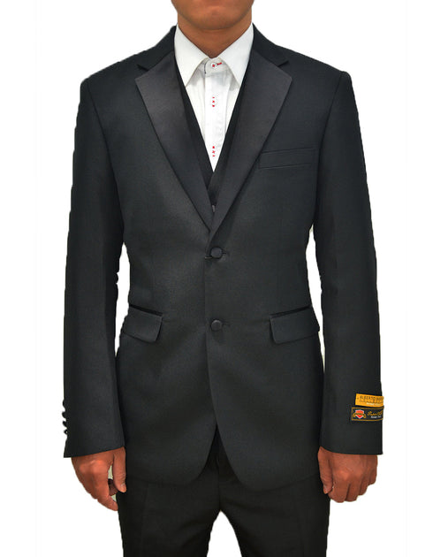 Mens 2 Button Notch Lapel Vested Tuxedo in Black