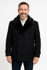 Mens Black Peacoat Wool Overcoat with Faux Fur Shawl Collar – Double-Breasted Winter Peacoat