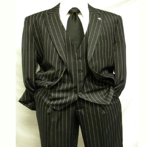 Men's Black And White Gangster Bold PinStripe Mars Vested 3 Piece Fashion Suit