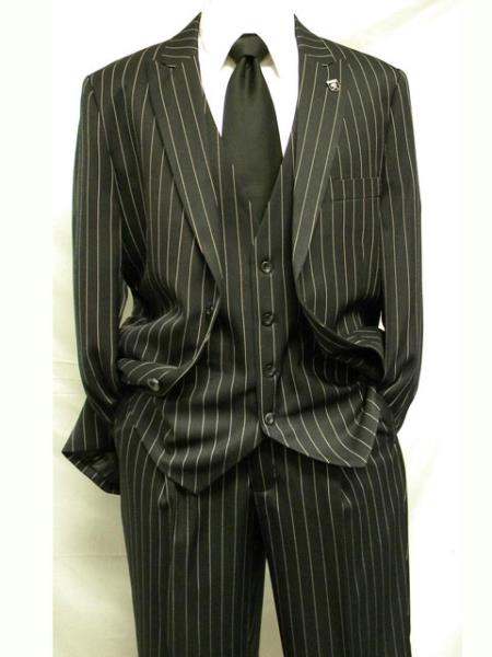 Mens 2 Button Gangster Pinstripe Suit in BLACK / GREY / NAVY / BURGUNDY