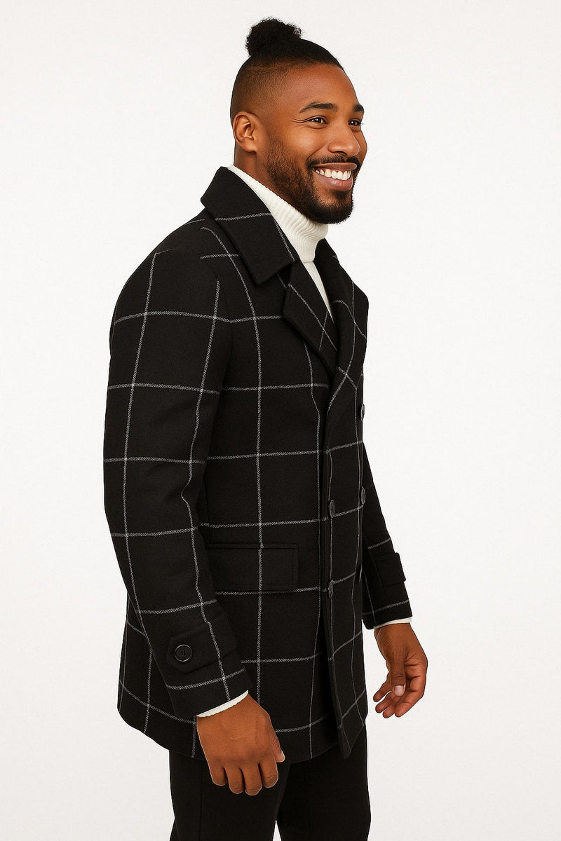 Professor Overcoat Mens Black Windowpane Check Wool Overcoat – Double-Breasted Winter Pea ...
