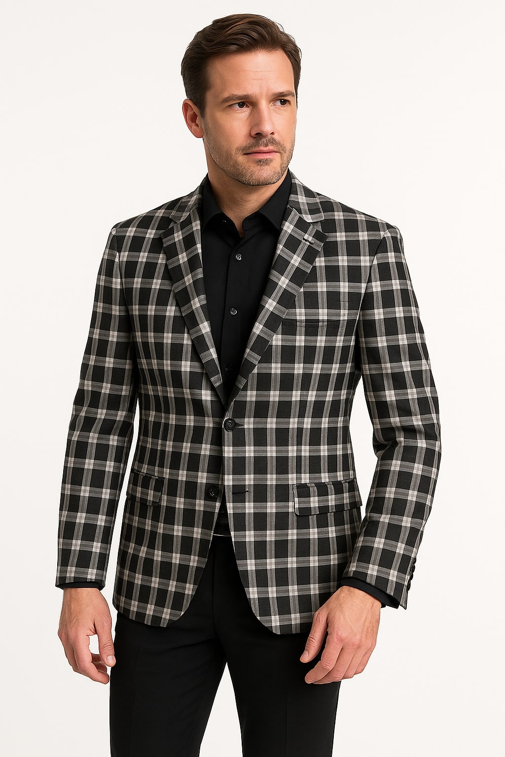 Mens Black and White Plaid Blazer – Modern Fit Checkered Windowpane Pa – OvercoatUSA