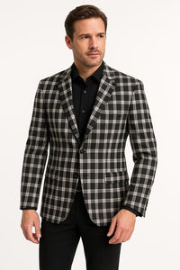 Mens Black and White Plaid Blazer – Modern Fit Checkered Windowpane Pattern Business Sport Coat