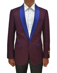Mens One Button Contrast Shawl Collar Dinner Jacket Burgundy & Royal