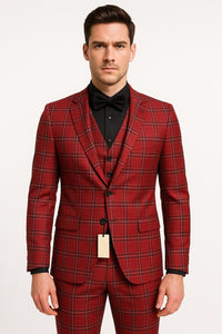 Mens Burgundy Plaid Three-Piece Suit – Ultra Slim Fit Checkered Windowpane Redish 544-10