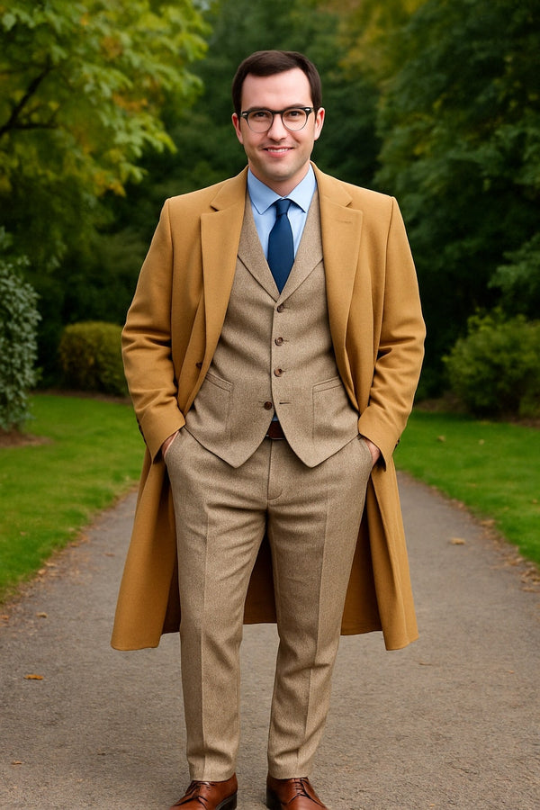 Great Gatsby Package -  Mens Camel Overcoat with Beige Tweed 3-Piece Suit Combo 4 Items Formal Winter Outfit