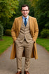 Great Gatsby Package -  Mens Camel Overcoat with Beige Tweed 3-Piece Suit Combo 4 Items Formal Winter Outfit