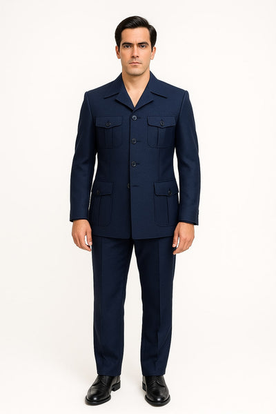 Mens Classic Navy Safari Suit with Utility Jacket and Coordinated