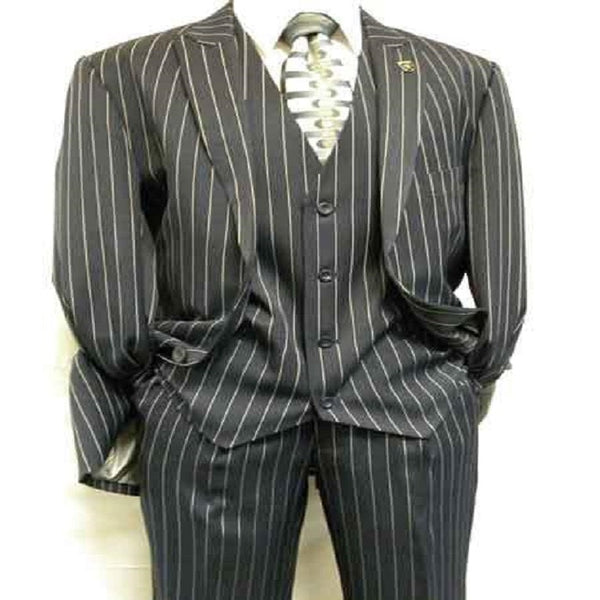 1920'S Gangster Bold Pinstripe Stripe Men's Stripe Mars Dark Blue Fashion Vested Suit Pleated Pant