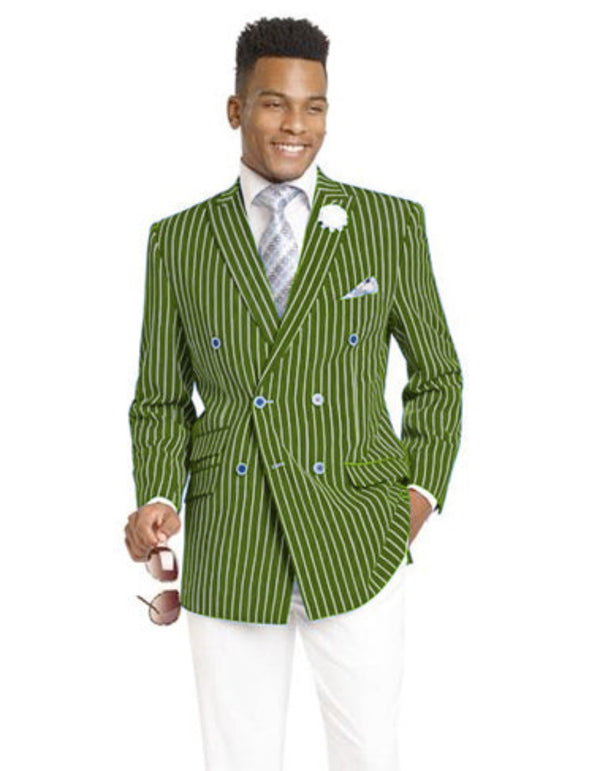 Mens Double Breasted Blazer in Color Olive - Pinstripe Sportcoat