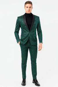 Mens Emerald Green Shiny Stripe Tuxedo Suit – Slim Fit 2-Piece Satin Lapel Dinner Jacket and Pants Ultra slim fit